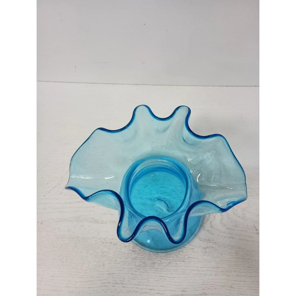 VTG Rainbow Kanawha Blue Glass Vase Ruffle Edge Hand Blown Mid Century Modern - Picture 3 of 10